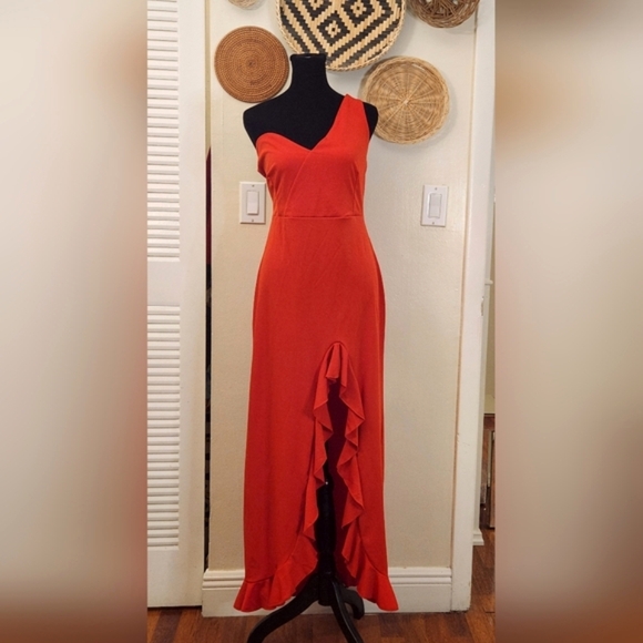 One Shoulder Red Cascading Maxi Dress With Ruffles - Picture 9 of 11